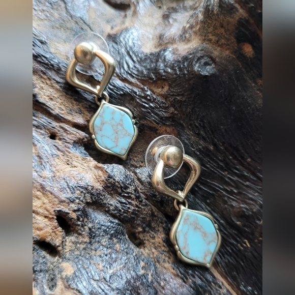 None Jewelry - Marbled Turquoise and Gold Toned Dangle Earrings